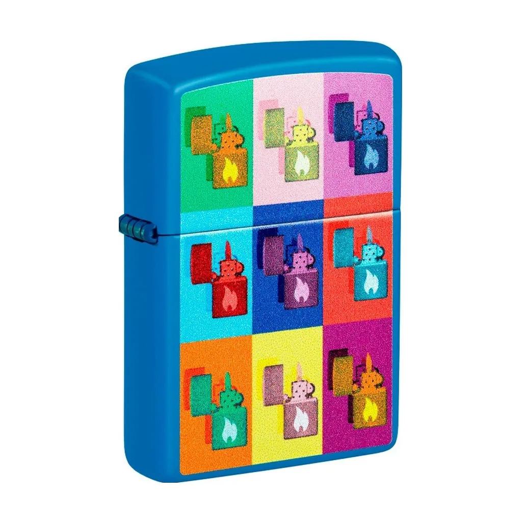 Encendedor Zippo azul con tapa cerrada y diseño pop art de encendedores abiertos sobre una cuadrícula de colores vivos.