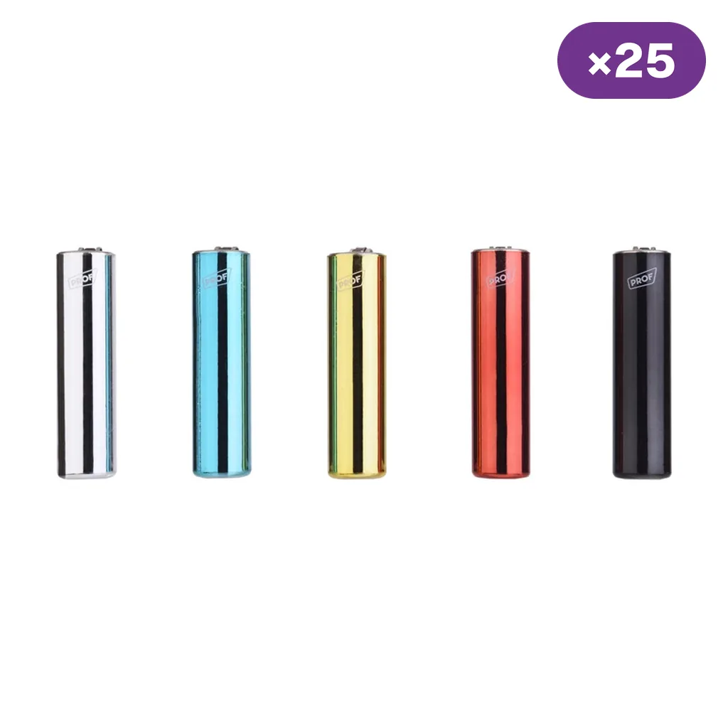 Selección de encendedores Prof de cuerpo alargado y brillante en plateado, azul, dorado, rojo y negro, con distintivo «×25».