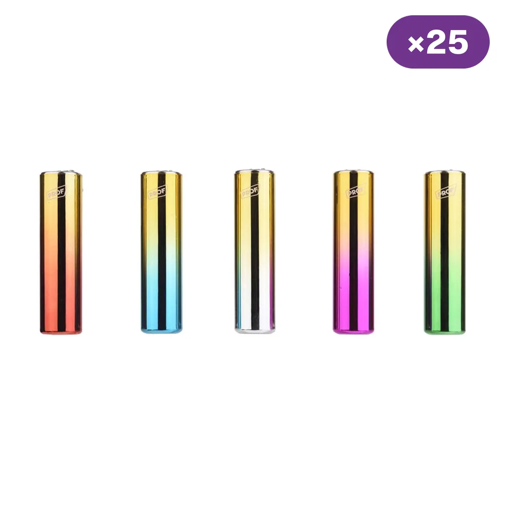 Selección de cinco encendedores Prof con acabado dorado y degradados rojo, azul, plateado, rosa y verde; distintivo ×25.