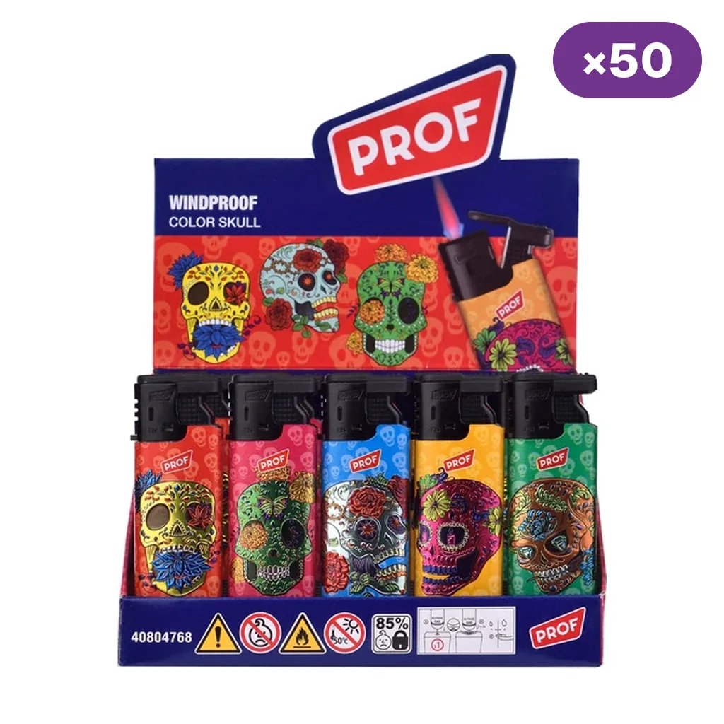 Expositor Prof Color Skull con encendedores de varios colores decorados con calaveras florales y distintivo de 50 unidades. Expositor Prof Color Skull con encendedores de varios colores decorados con calaveras florales y distintivo de 50 unidades.