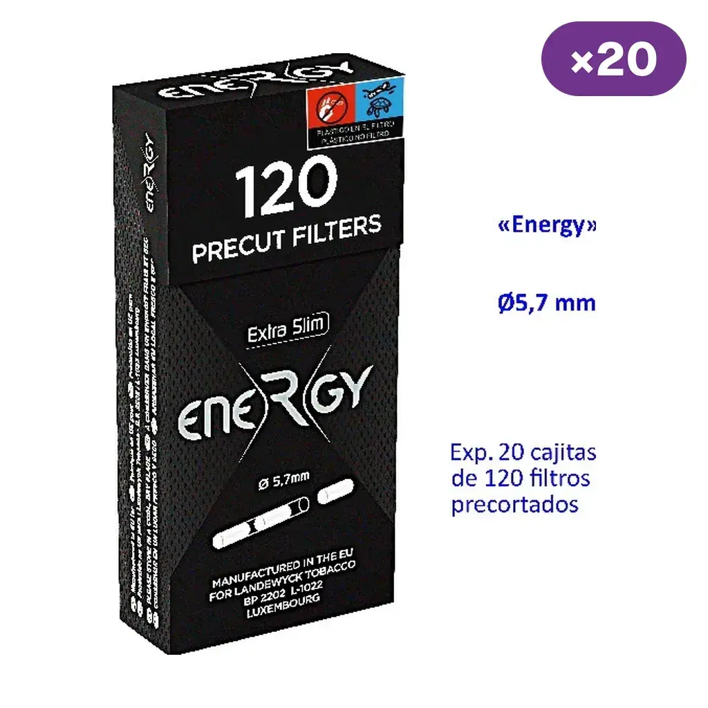 Caja negra de filtros Energy Extra Slim con texto «120 precut filters», junto a indicaciones de 20 cajitas y diámetro de 5,7 mm.