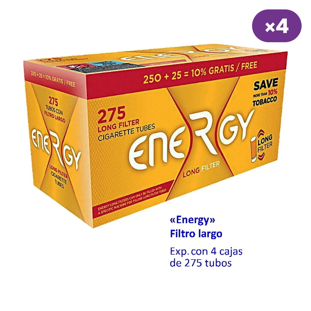 Caja amarilla y roja de tubos Energy con filtro largo, rotulada 275 tubos, con indicación de presentación en cuatro cajas. Caja amarilla y roja de tubos Energy con filtro largo, rotulada 275 tubos, con indicación de presentación en cuatro cajas.