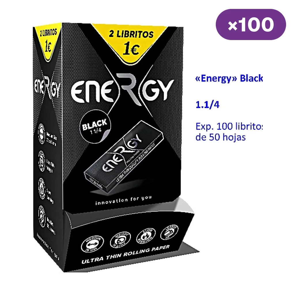 Expositor negro de papel de liar Energy Black 1 1/4, con detalles amarillos y un librito ilustrado en el frontal; indica 100 libritos de 50 hojas.