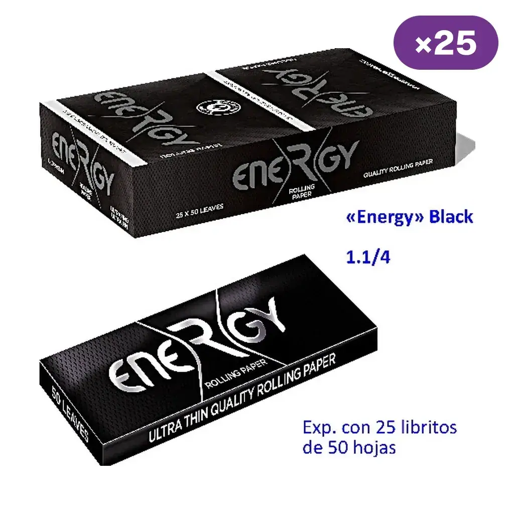 Expositor negro y librito de papel de liar Energy Black 1 1/4, con indicaciones de 25 libritos y 50 hojas por librito.