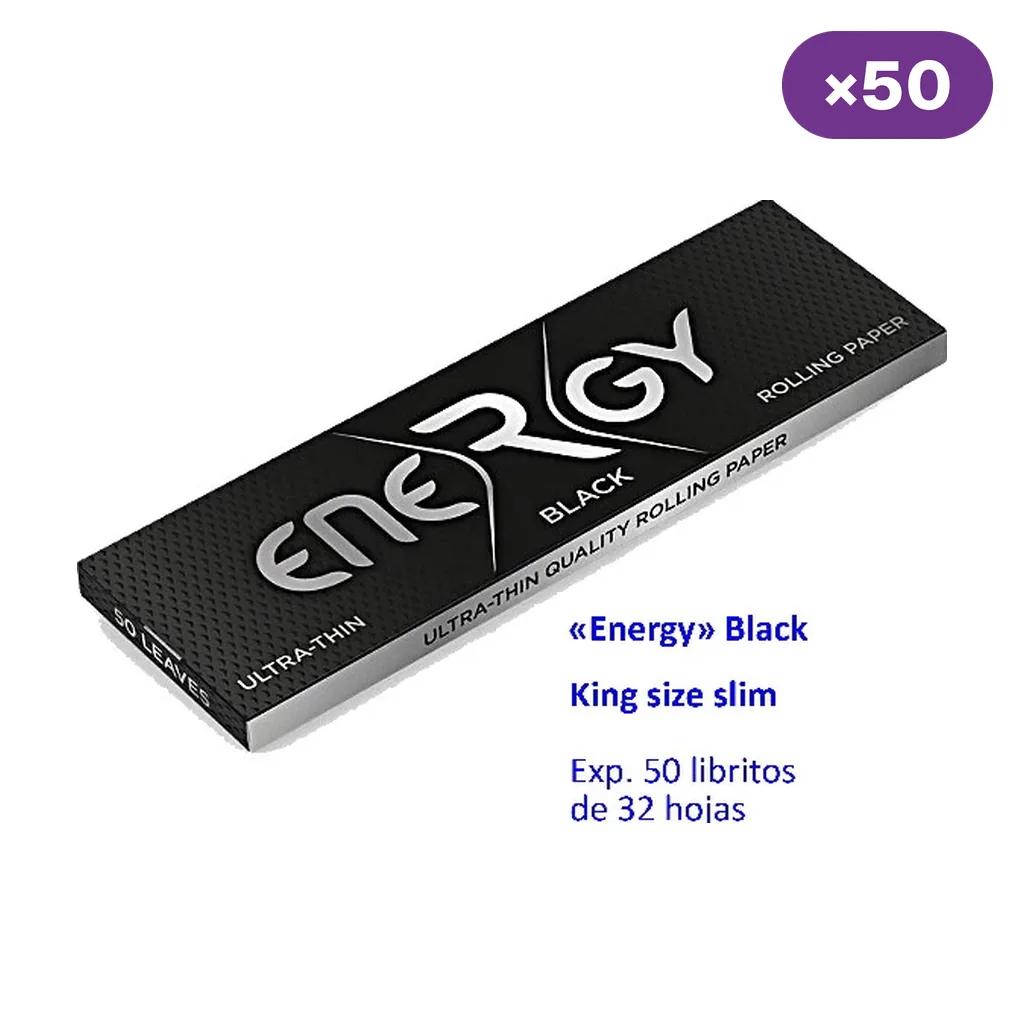 Librillo negro de papel Energy Black King Size Slim en diagonal, con rótulo de expositor de 50 libritos de 32 hojas.