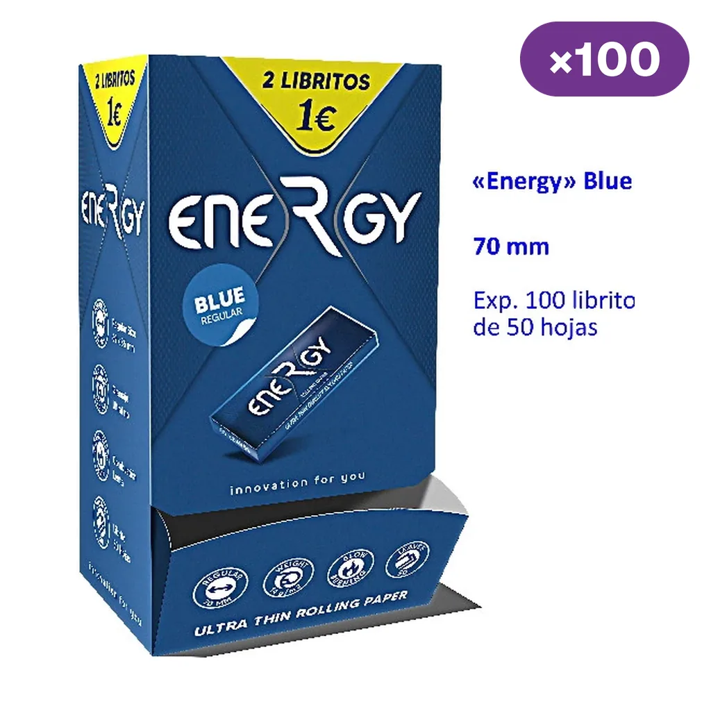 Expositor azul de papel de liar Energy Blue Regular, con un librillo ilustrado y texto que indica 100 librillos de 50 hojas.