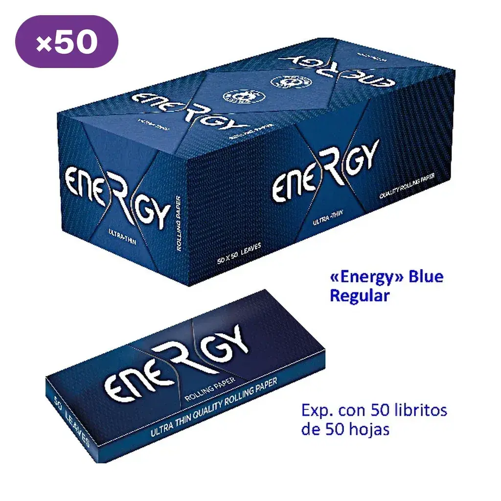 Caja azul de papel de liar Energy Blue Regular y un librito delante; el texto indica 50 libritos de 50 hojas.