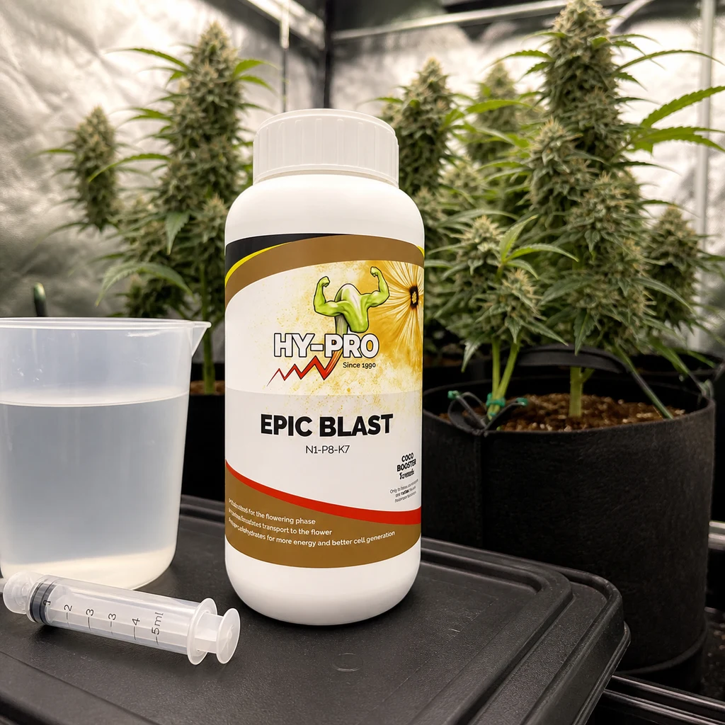 Bote de HY-PRO Epic Blast junto a un vaso con líquido y una jeringa dosificadora, delante de plantas en floración en un cultivo interior.