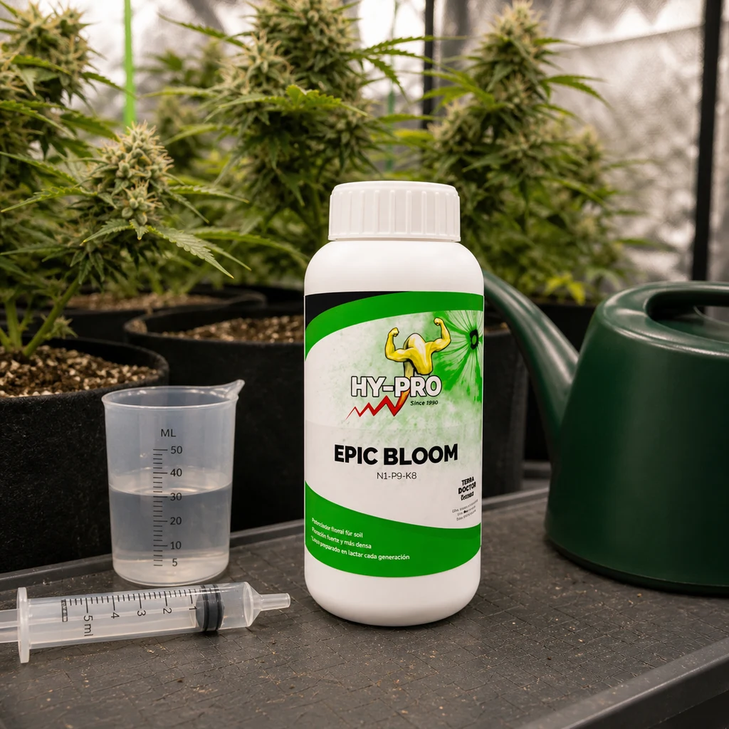 Bote de Epic Bloom HY-PRO con etiqueta verde y blanca, junto a un vaso graduado, una jeringa y una regadera, con plantas al fondo. Bote de Epic Bloom HY-PRO con etiqueta verde y blanca, junto a un vaso graduado, una jeringa y una regadera, con plantas al fondo.