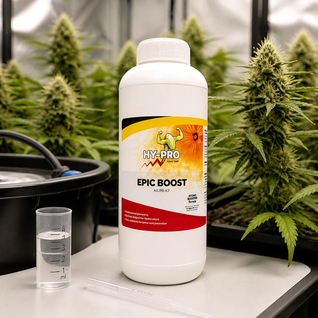 Botella blanca de HY-PRO Epic Boost junto a un vaso graduado y una pipeta, con plantas en floración al fondo.