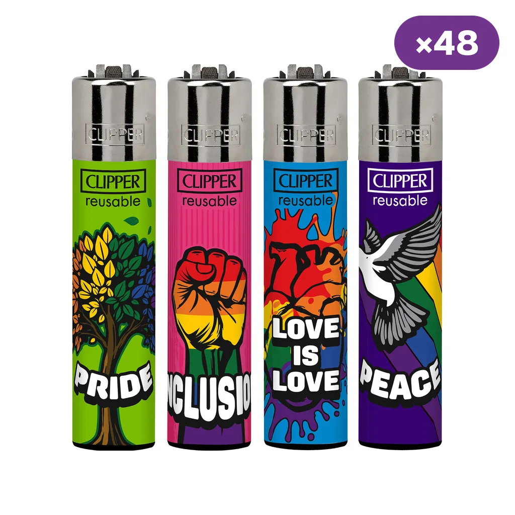 Cuatro diseños de encendedores Clipper Equality for All con árbol, puño, corazones y paloma, colores arcoíris y distintivo ×48.