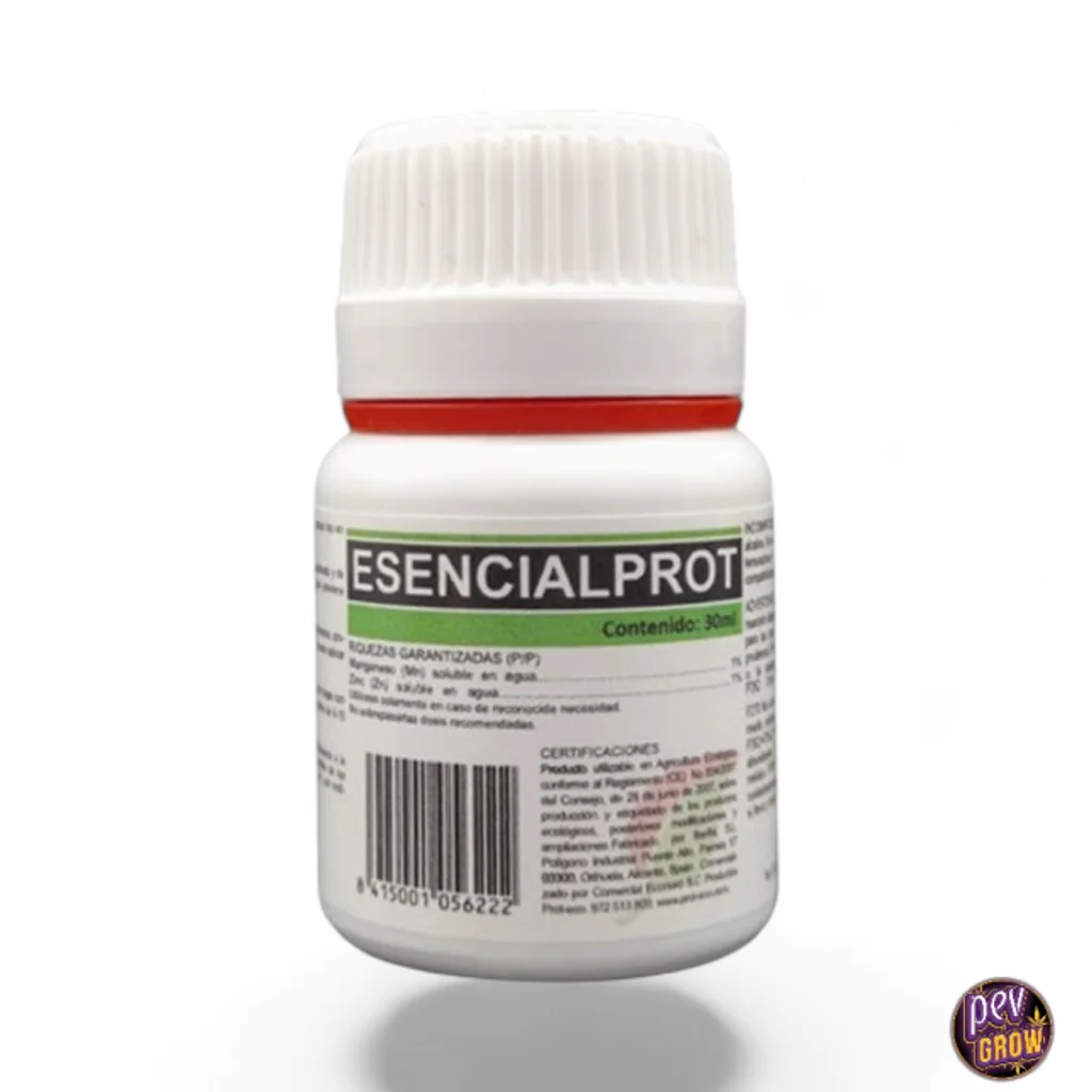 Bote blanco de Esencialprot con tapón estriado, precinto rojo y etiqueta verde y blanca con código de barras, sobre fondo blanco.