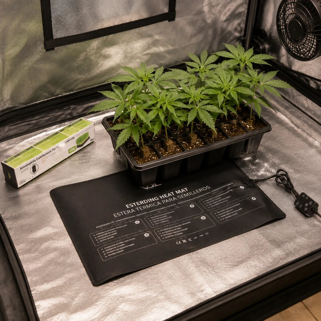 Escena generada de una almohadilla calefactora negra con bandeja de plantas jóvenes encima y mando con cable en un armario de cultivo. Escena generada de una almohadilla calefactora negra con bandeja de plantas jóvenes encima y mando con cable en un armario de cultivo.