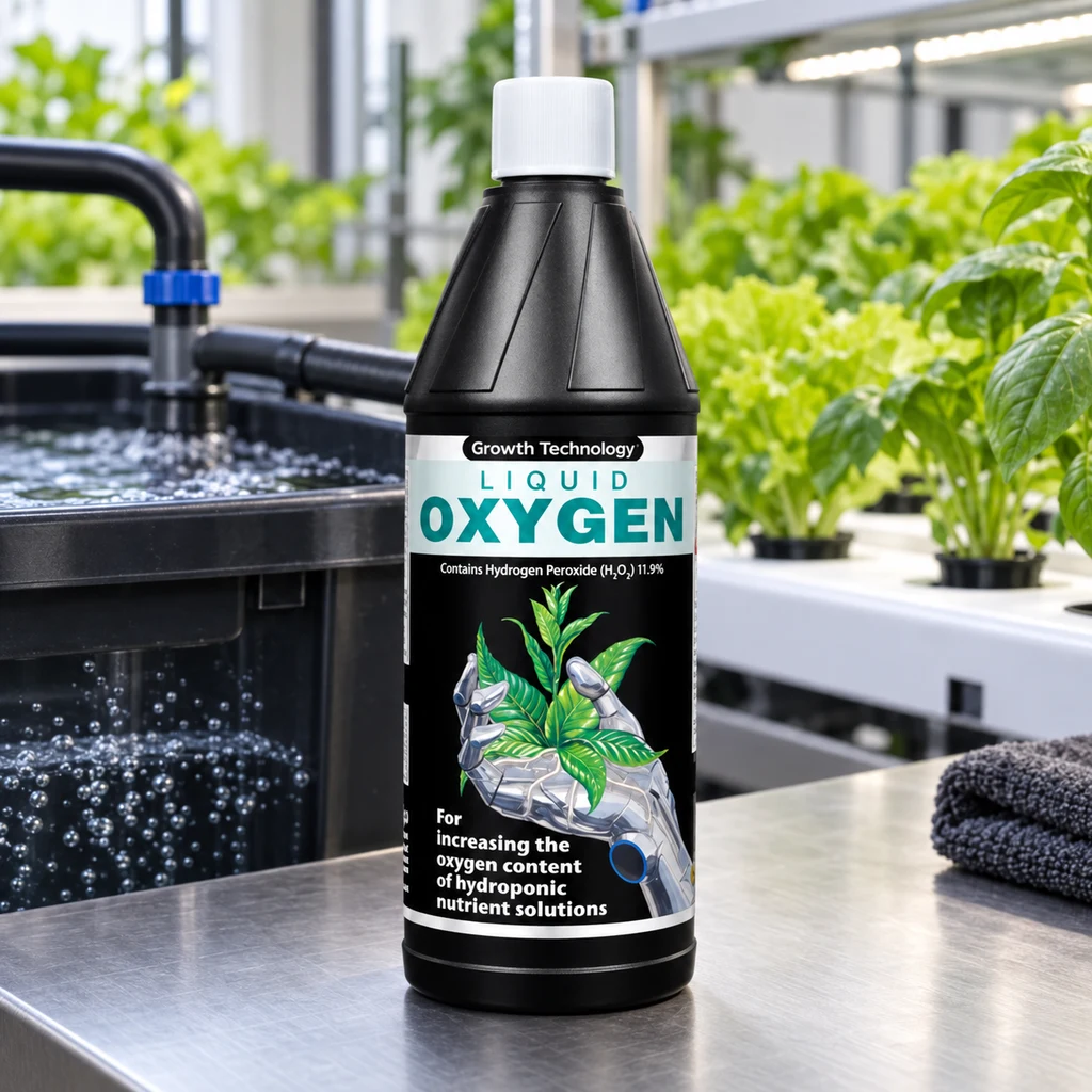Botella negra de Oxígeno Líquido Growth Technology con tapón blanco, sobre una mesa junto a un depósito con burbujas y plantas.
