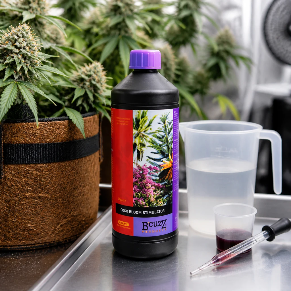 Botella de Coco Bloom Stimulator Atami B’cuzz con tapón morado, junto a una jarra con agua, un vaso y una pipeta, entre plantas en floración.