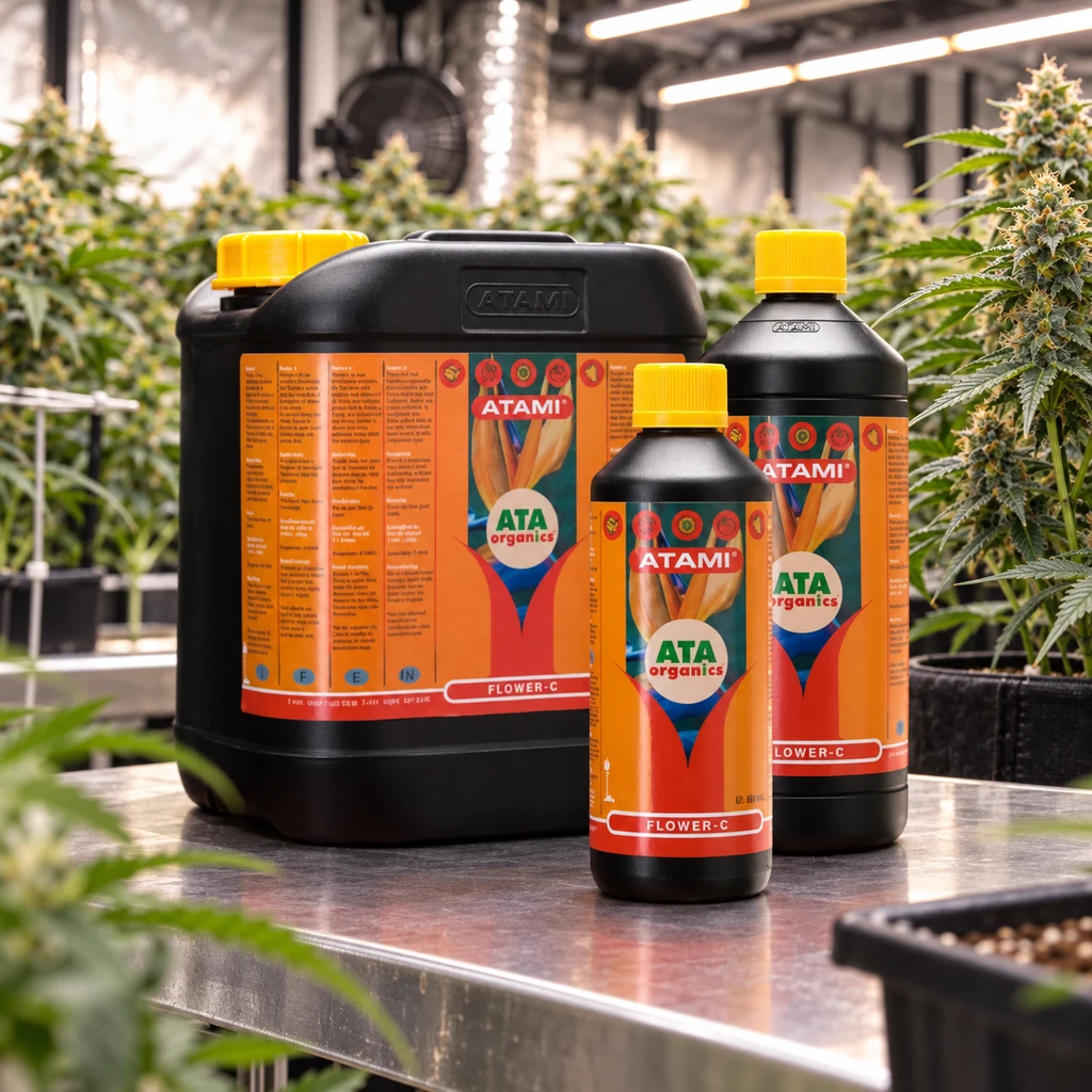Envases de Flower-C Atami en distintos formatos, negros con tapones amarillos y etiquetas naranjas, sobre una mesa entre plantas de cannabis.