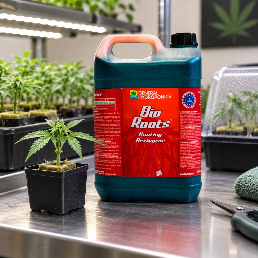 Garrafa de Bio Roots con etiqueta roja junto a una pequeña planta en maceta, con bandejas de esquejes y luces al fondo.