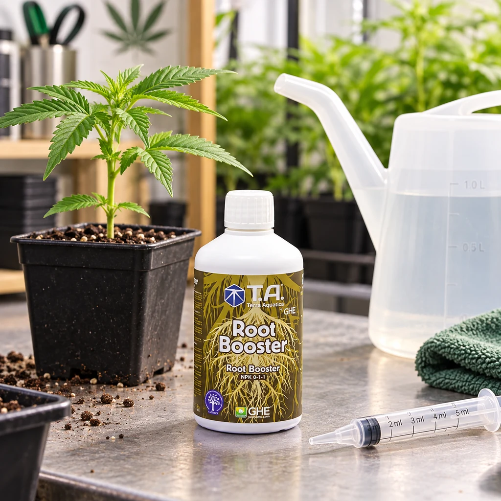 Bote de Root Booster Terra Aquatica sobre una mesa, junto a una planta en maceta, una regadera translúcida y una jeringa dosificadora.