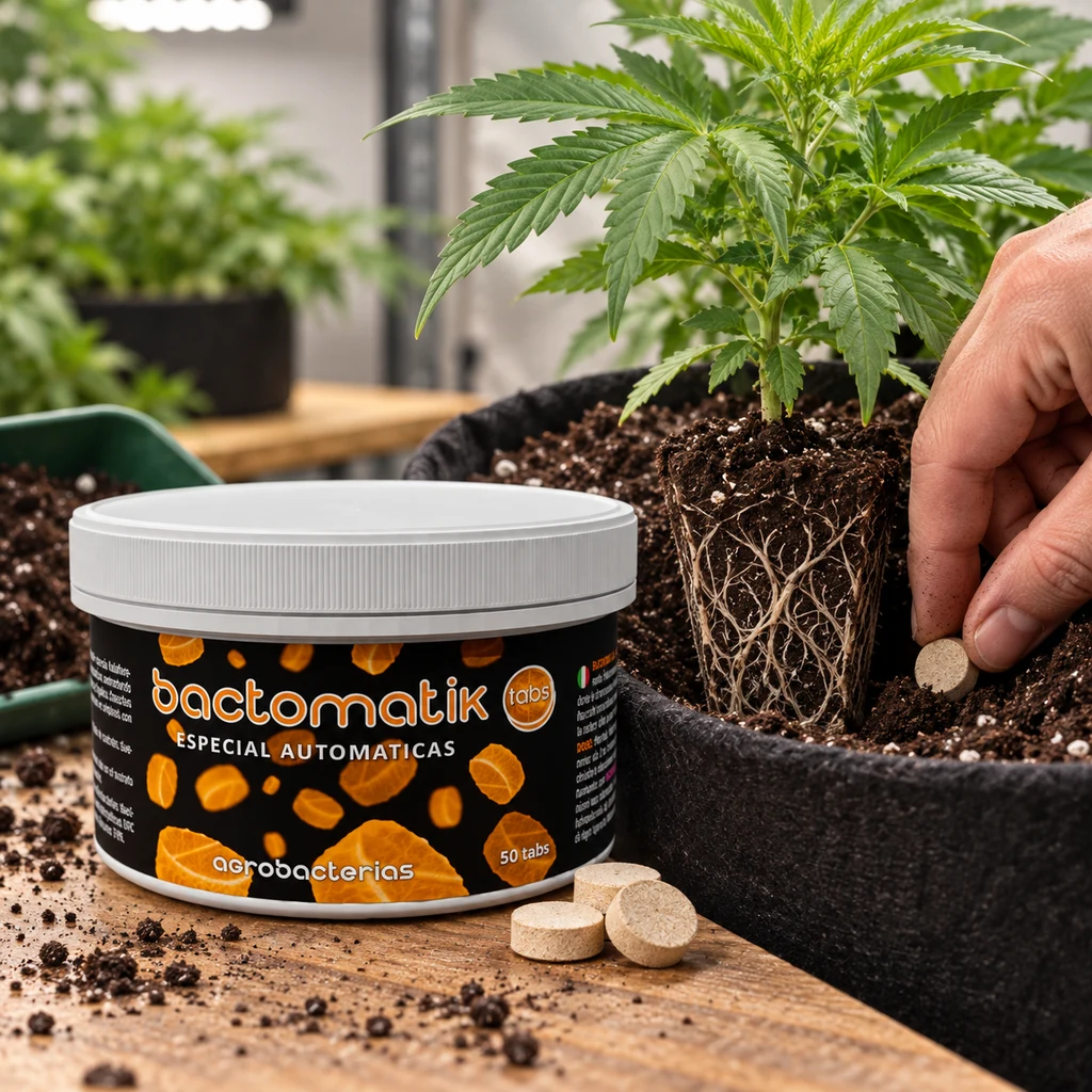 Bote de Bactomatik Tabs junto a varias pastillas; una mano sostiene una junto al cepellón de una planta en una maceta de tela.