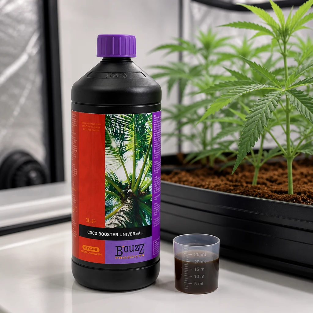 Botella de Coco Booster Universal de Atami con tapón morado, junto a un vaso graduado con líquido oscuro y una bandeja con plantas.