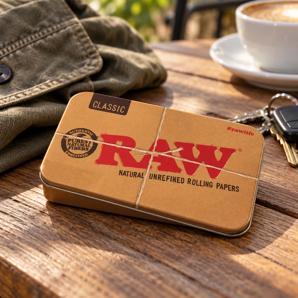 Estuche rectangular RAW cerrado, de tono marrón y logotipo rojo, sobre una mesa de madera junto a unas llaves y una taza de café.