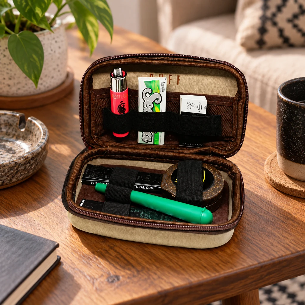 Estuche organizador abierto sobre una mesa, con encendedor, papel de liar y accesorios sujetos por bandas negras en su interior.