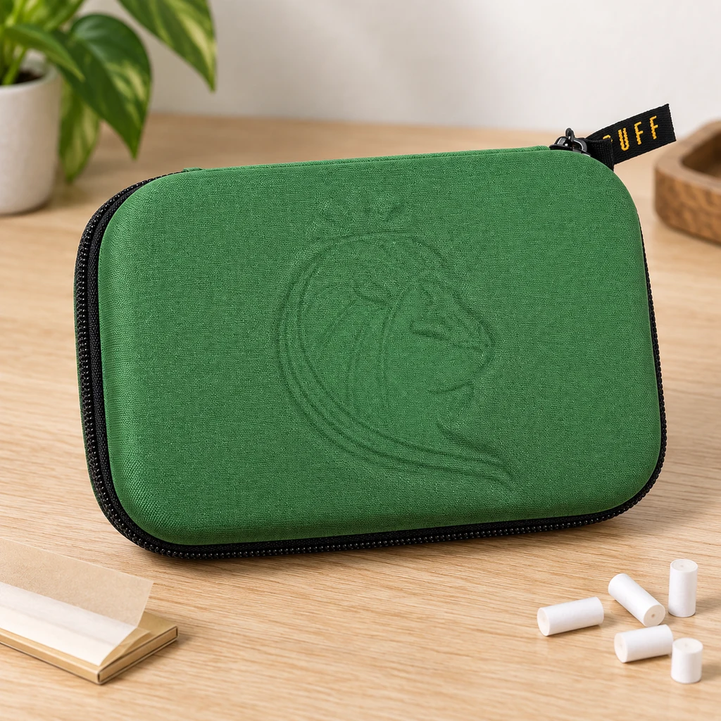 Estuche organizador verde con esquinas redondeadas, cremallera negra y un león marcado en el frontal, sobre una mesa de madera.