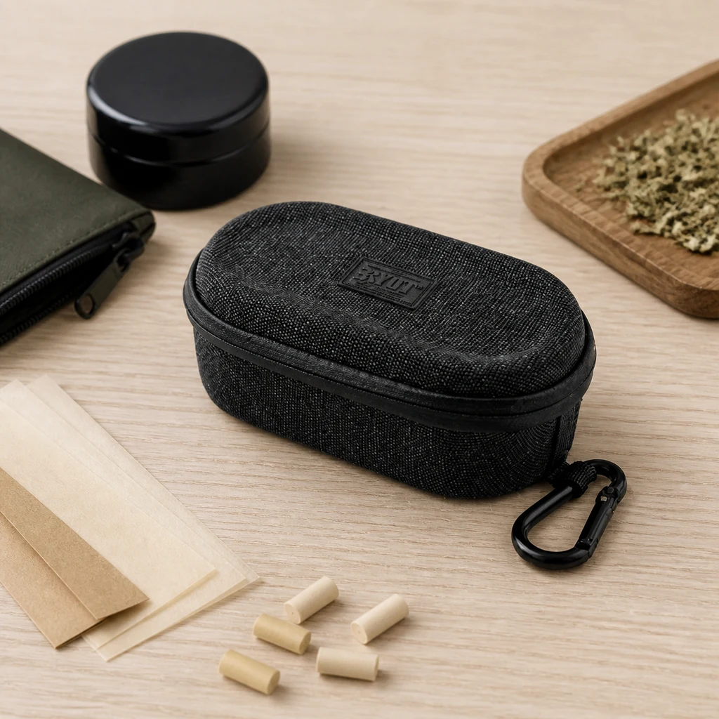Estuche negro cerrado con cremallera y mosquetón sobre una mesa, junto a papeles, filtros, un grinder y una bandeja con material vegetal.