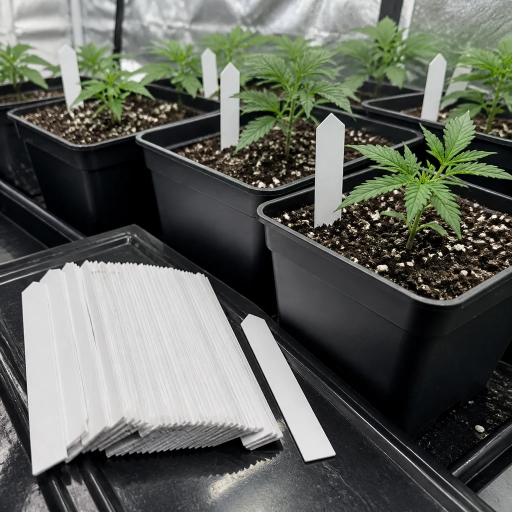 Etiquetas de púa blancas apiladas sobre una bandeja y clavadas en el sustrato de varias macetas con plantas jóvenes.