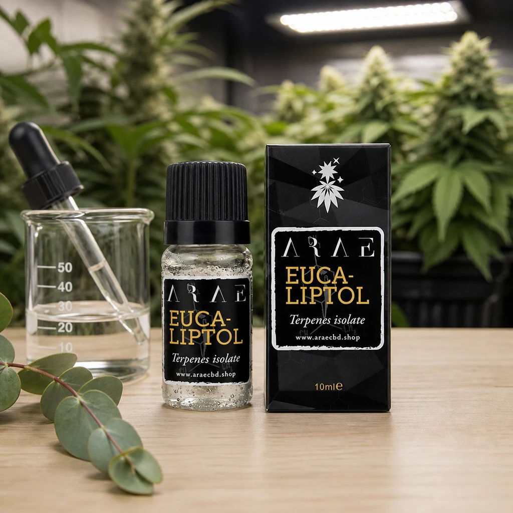 Escena generada de un frasco de Eucaliptol y su caja negra junto a un vaso con pipeta y una rama de eucalipto, con plantas al fondo.