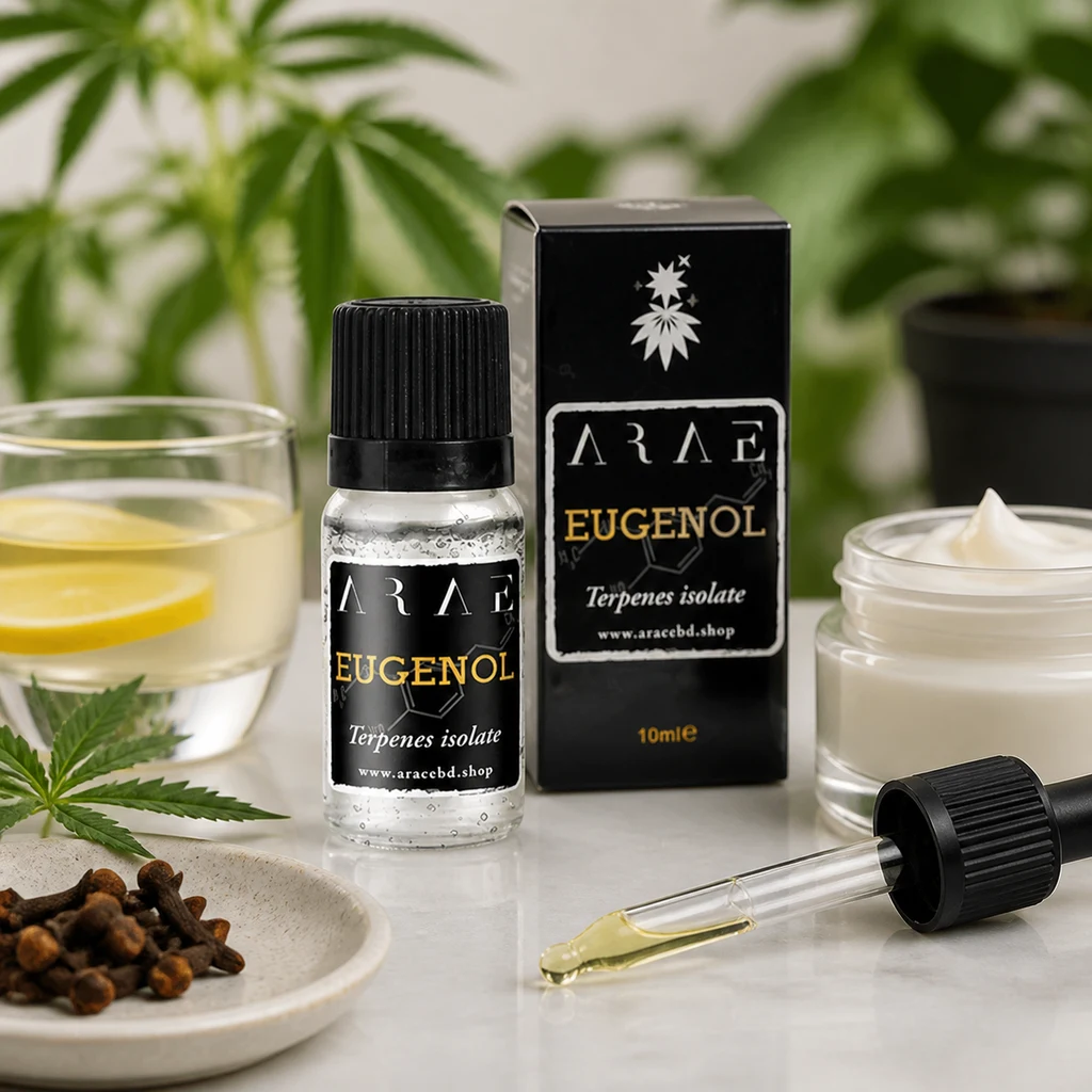 Frasco de Eugenol junto a su caja negra, con un cuentagotas en primer plano, clavos de olor, un vaso con limón y un tarro de crema alrededor.