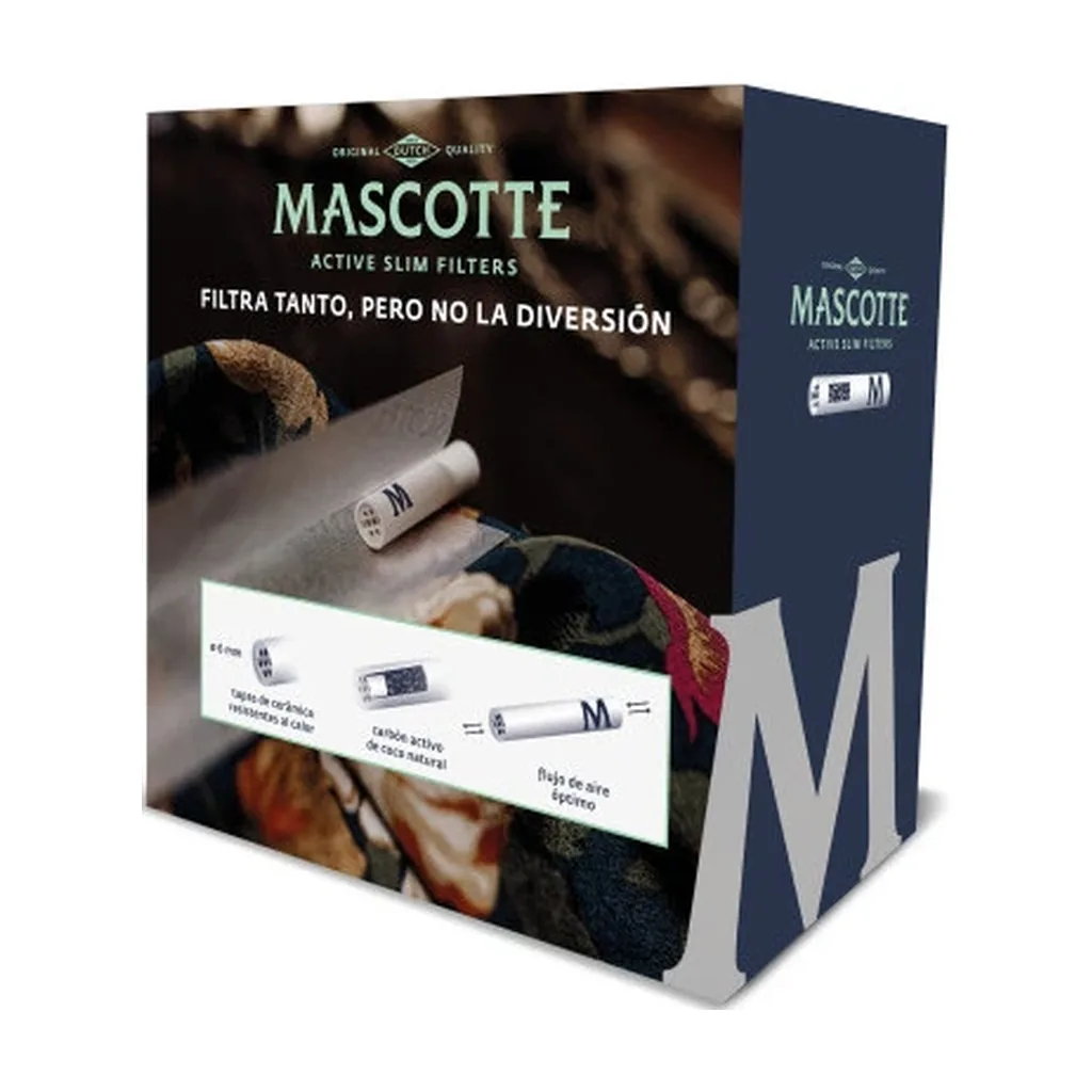 Caja de filtros Mascotte Active Slim con frontal ilustrado, lateral azul oscuro y esquema de un filtro blanco en la parte inferior.