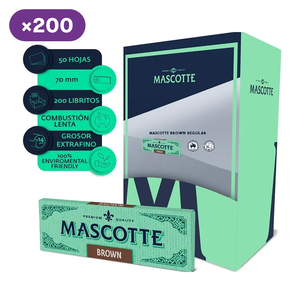 Caja expositora verde y azul oscuro de papel Mascotte Brown con un librillo delante y distintivo de 200 unidades. Caja expositora verde y azul oscuro de papel Mascotte Brown con un librillo delante y distintivo de 200 unidades.