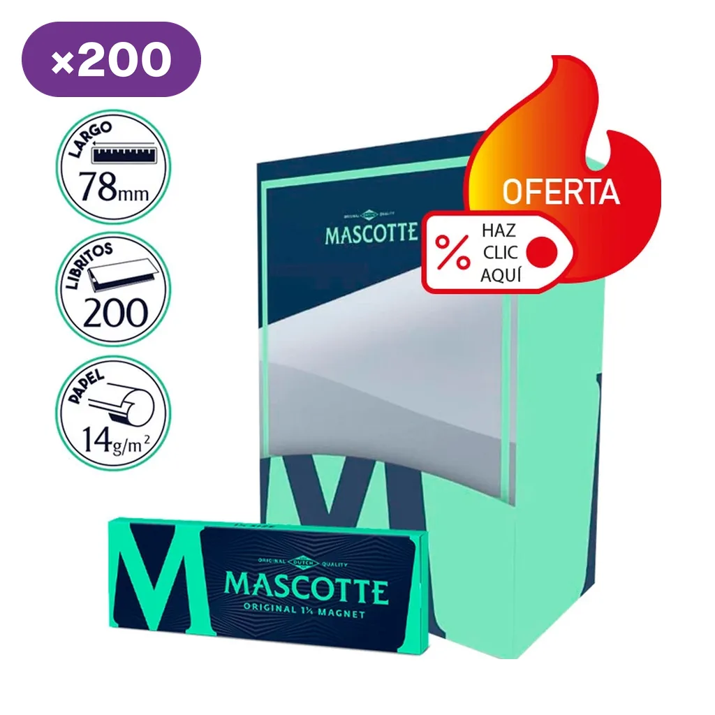 Papel Mascotte Original 1 1/4 Magnet en librillo verde y azul oscuro, delante de una caja expositora con una hoja desplegada. Papel Mascotte Original 1 1/4 Magnet en librillo verde y azul oscuro, delante de una caja expositora con una hoja desplegada.