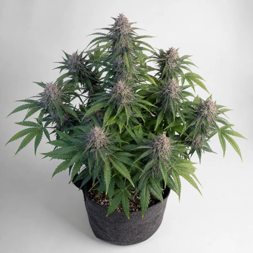 Planta de Expert Haze Feminizada en maceta textil, con hojas verdes y abundantes flores de tonos violáceos sobre fondo claro.