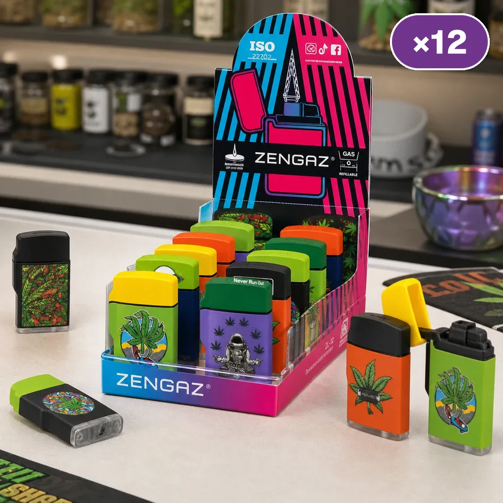 Expositor Zengaz con varios encendedores de colores y diseños de cannabis, con unidades abiertas y cerradas sobre un mostrador. Expositor Zengaz con varios encendedores de colores y diseños de cannabis, con unidades abiertas y cerradas sobre un mostrador.