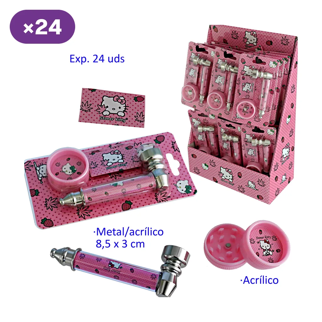 Blíster rosa con pipa y grinder decorados con personajes, fresas y hojas; junto a un expositor y vistas de las piezas sueltas. Blíster rosa con pipa y grinder decorados con personajes, fresas y hojas; junto a un expositor y vistas de las piezas sueltas.
