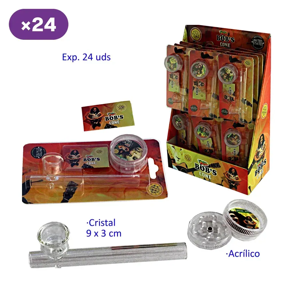 Expositor de 24 blísteres Bob’s Cone, con una pipa transparente y un grinder mostrados también fuera del envase.