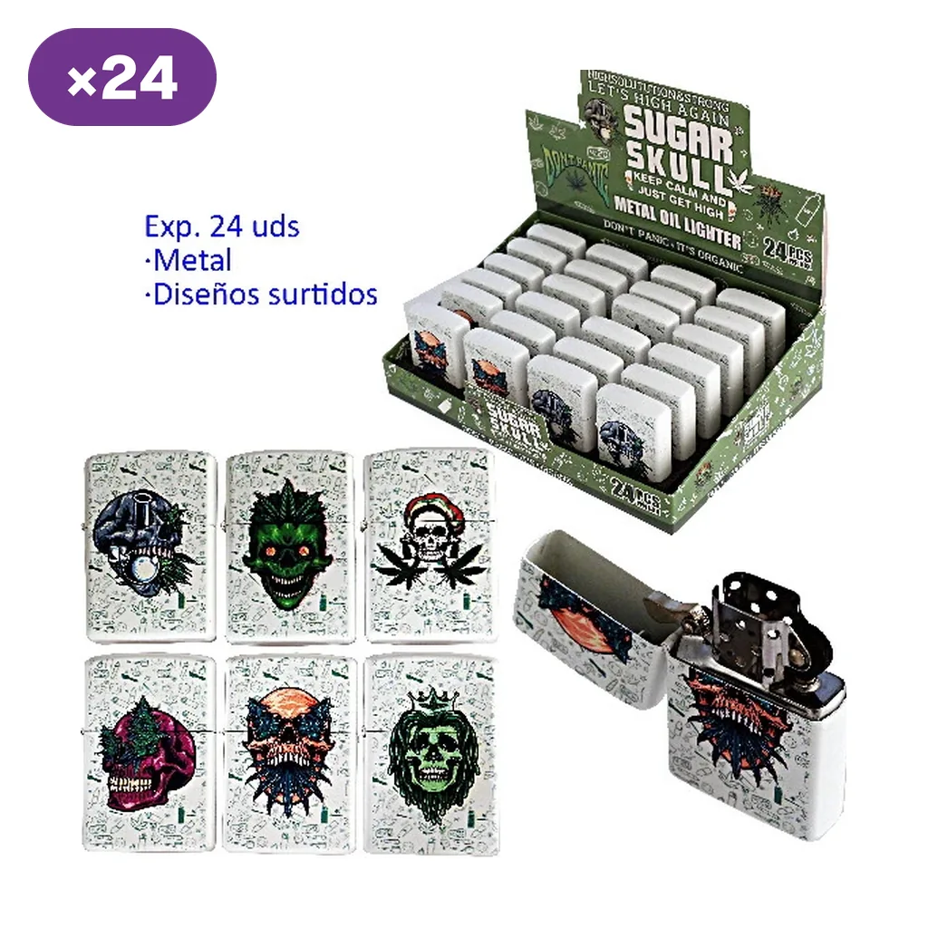 Selección de encendedores Sugar Skull con distintos diseños de calaveras, un modelo abierto y un expositor con varias unidades. Selección de encendedores Sugar Skull con distintos diseños de calaveras, un modelo abierto y un expositor con varias unidades.