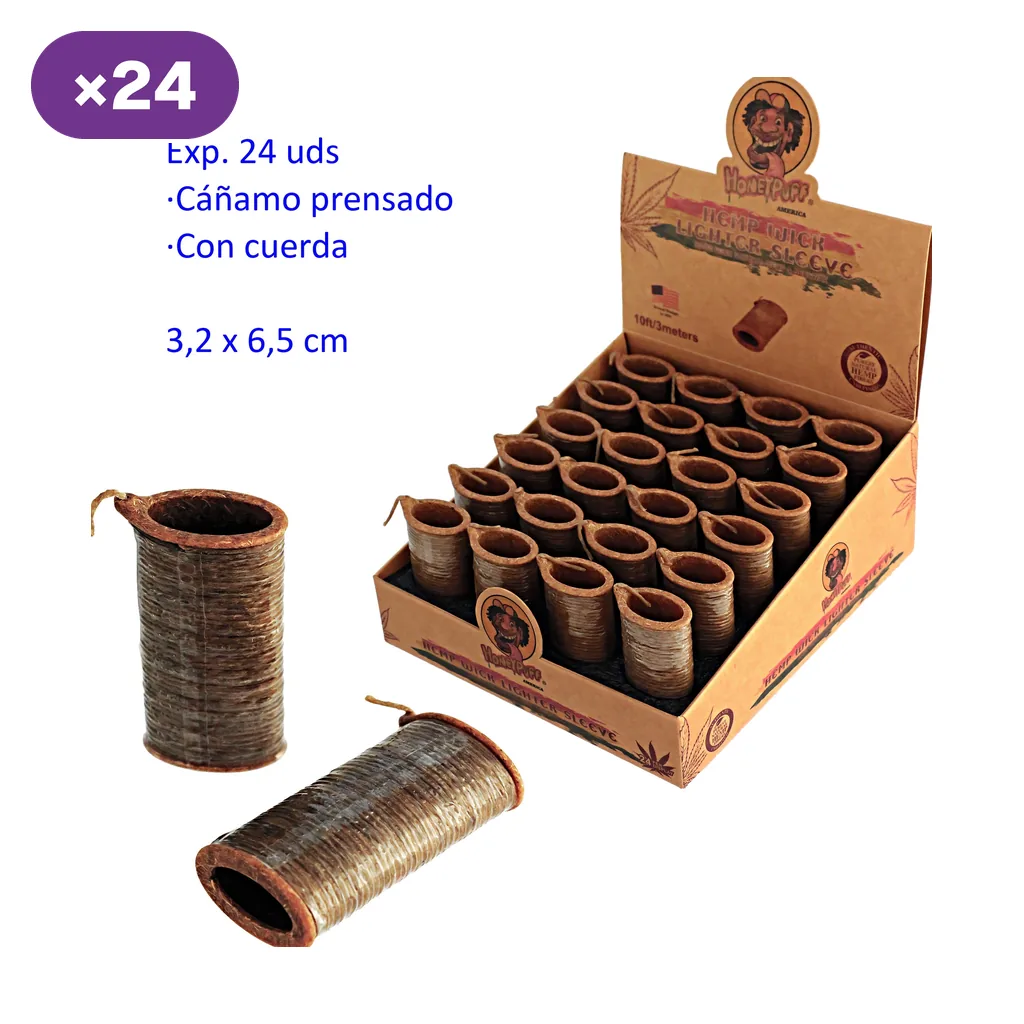 Expositor de fundas cilíndricas marrones para encendedor, con cuerda y textura trenzada; varias unidades se muestran fuera de la caja.