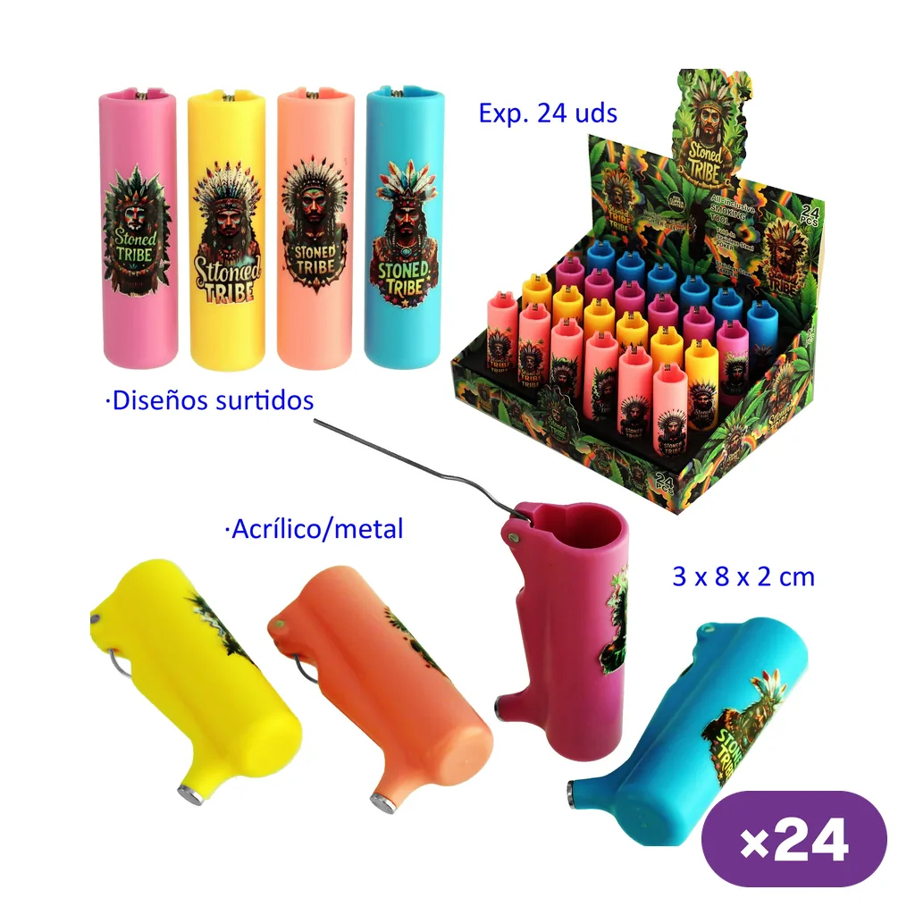 Fundas para encendedor Stoned Tribe en varios colores, con motivos gráficos, expositor y vistas del cordón y la abertura lateral.