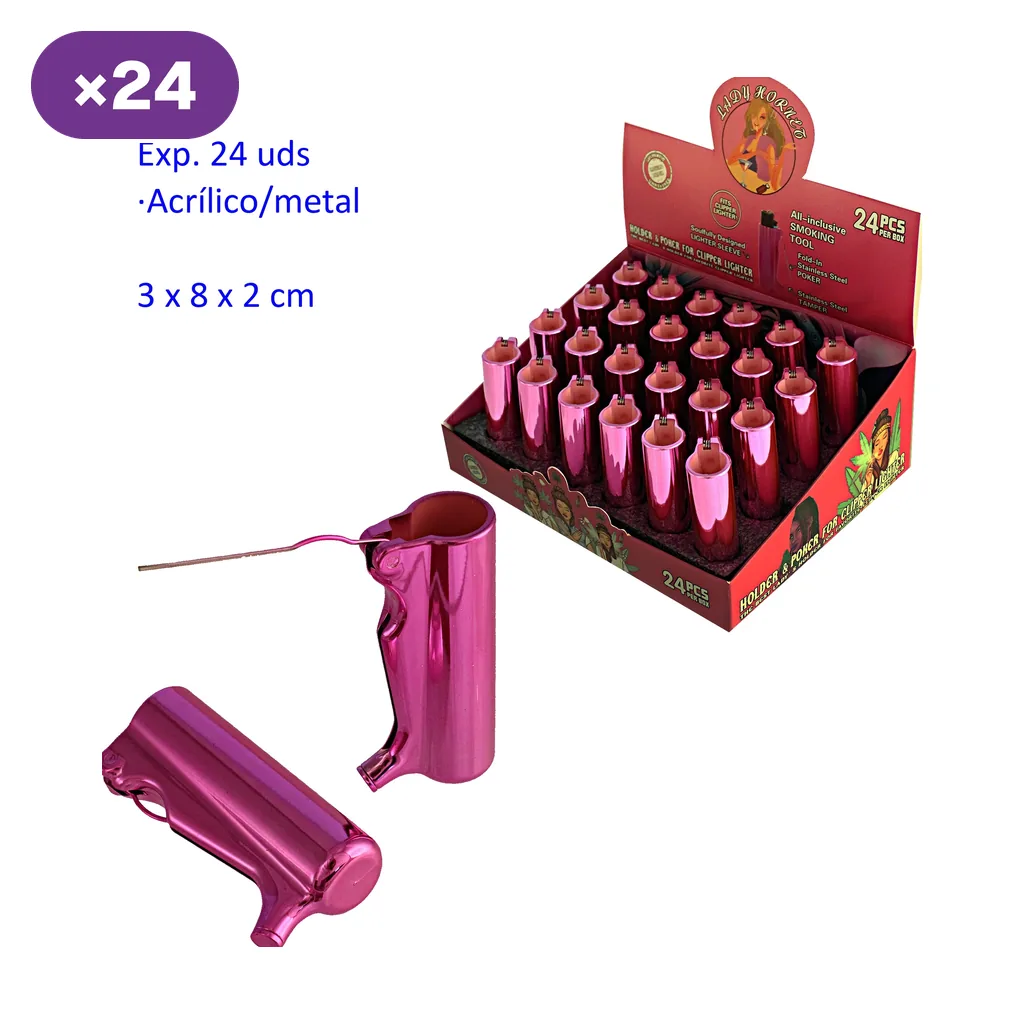 Expositor de 24 fundas para encendedor rosa metalizado, con dos unidades en primer plano que muestran la abertura y el accesorio lateral.