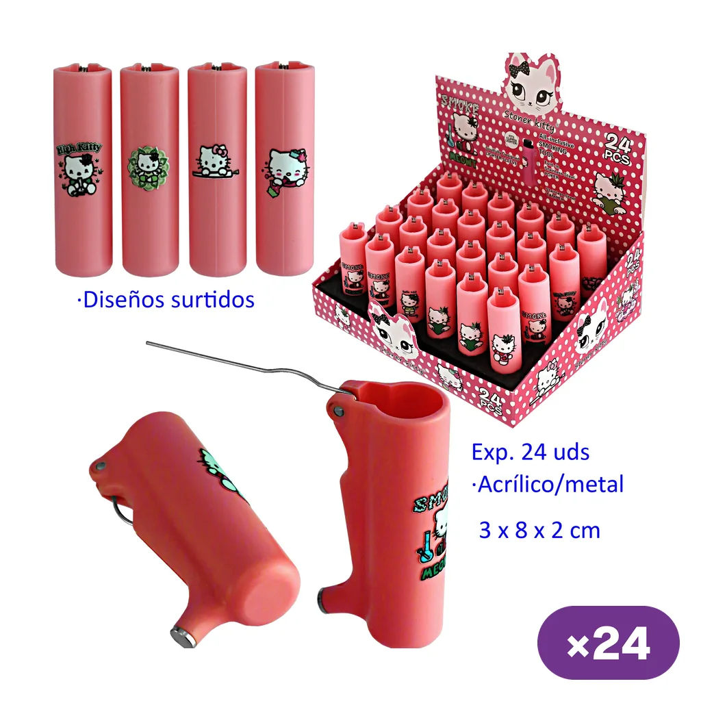Fundas rosas para encendedor con distintos dibujos de gatitas, expuestas en caja y en vistas ampliadas con una varilla metálica desplegada.