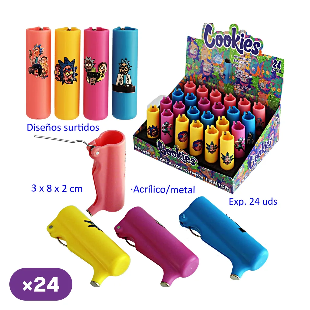 Fundas Cookies para encendedor en varios colores con dibujos de personajes, vistas frontales y laterales y expositor de 24 unidades.