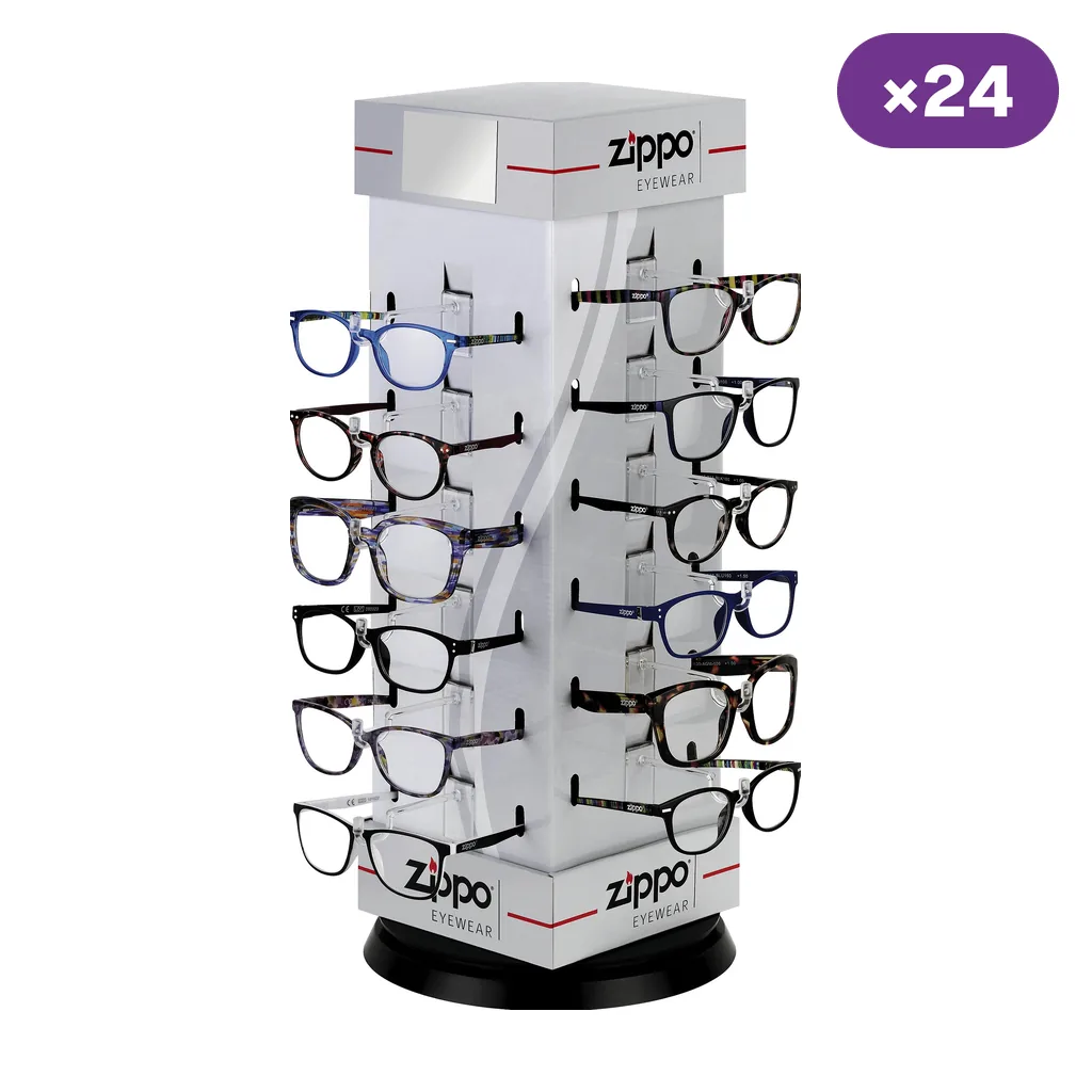 Expositor vertical Zippo Eyewear con gafas de distintas monturas negras, azules y estampadas, base circular negra y distintivo ×24.