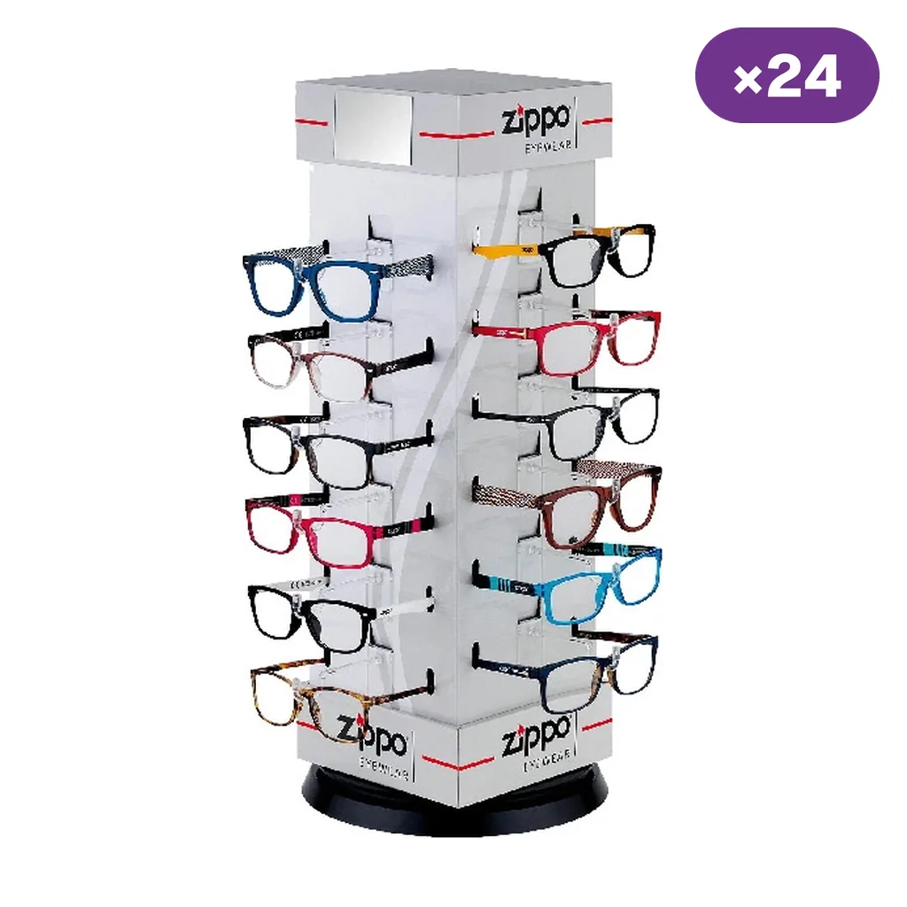 Expositor Zippo con una selección de gafas de lectura de monturas de distintos colores y estampados, junto al rótulo «×24».