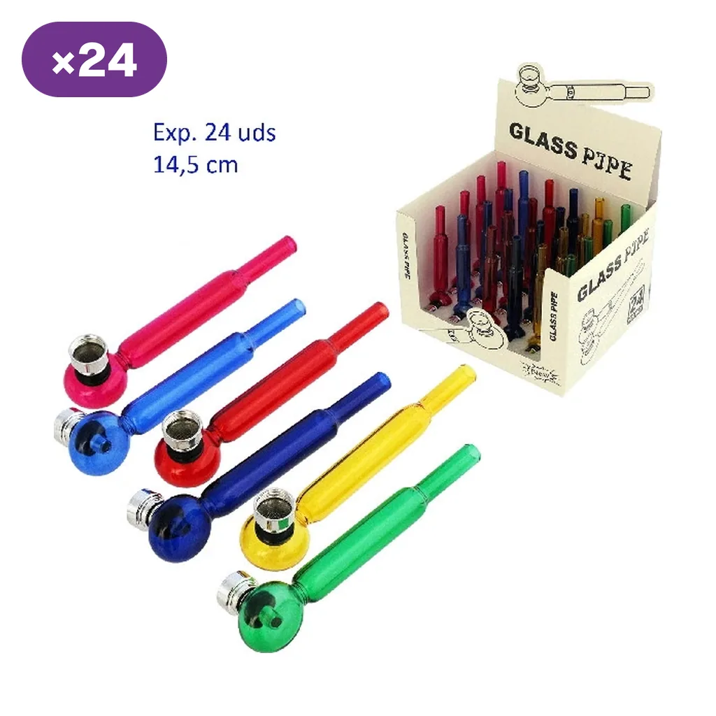 Pipas de cristal de distintos colores con cazoletas metálicas, junto a una caja expositora con varias unidades y el rótulo «×24».