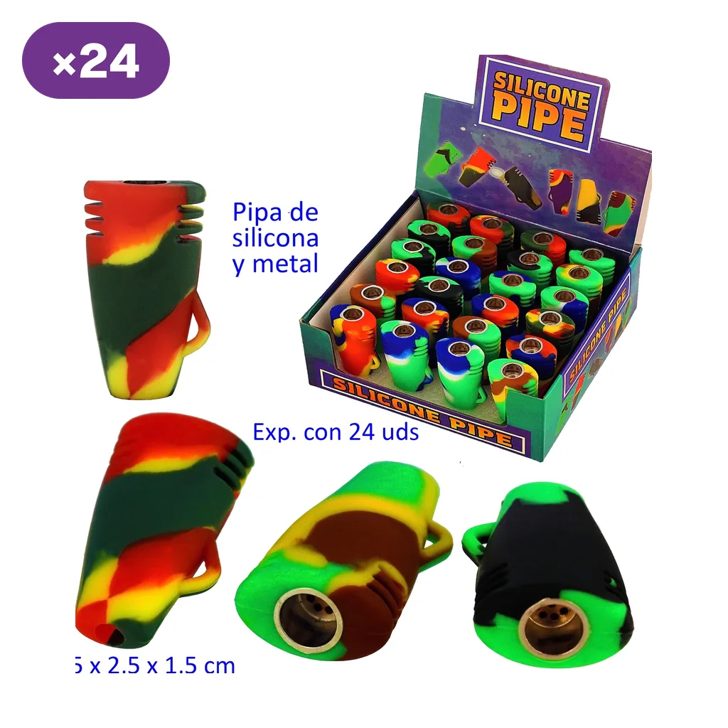 Pipas de silicona y metal en distintas combinaciones de colores, mostradas desde varios ángulos junto a un expositor.