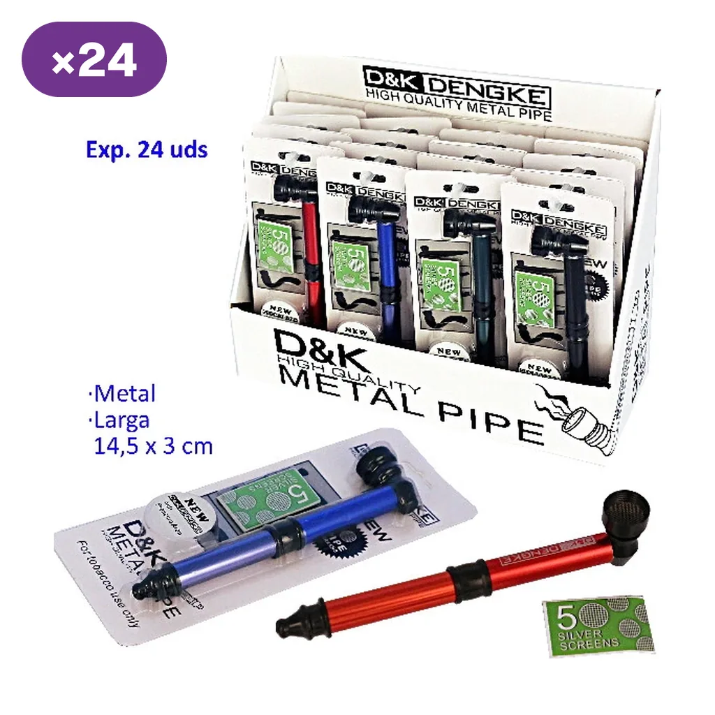 Expositor de pipas de metal D&K en varios colores, con una pipa roja y otra azul en primer plano y sobres de rejillas.