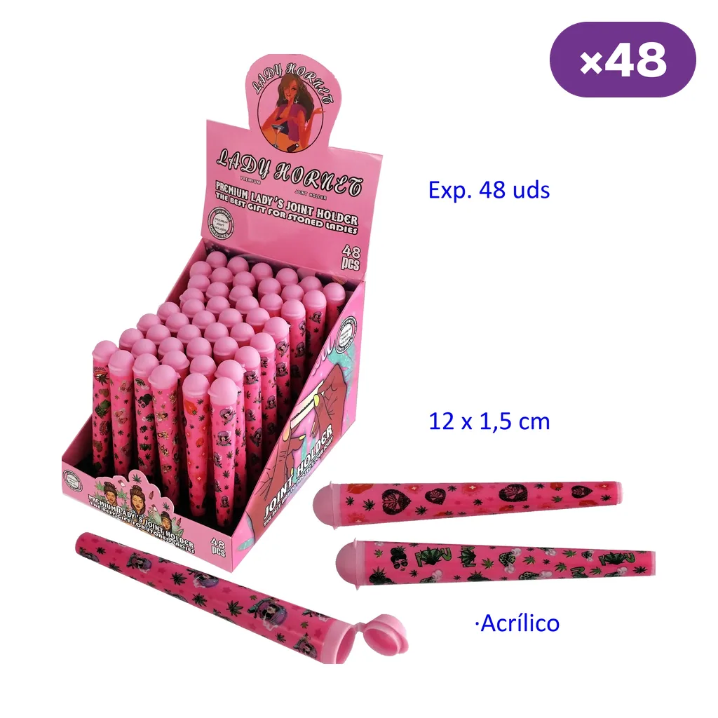 Expositor Lady Hornet con tubos rosas decorados con dibujos y varias unidades en primer plano, una con la tapa abierta. Expositor Lady Hornet con tubos rosas decorados con dibujos y varias unidades en primer plano, una con la tapa abierta.